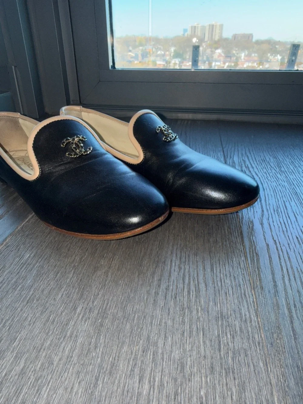 CHANEL Black Leather Slip-On Loafers with Cream Trim and Gold CC - Picture 7 of 9